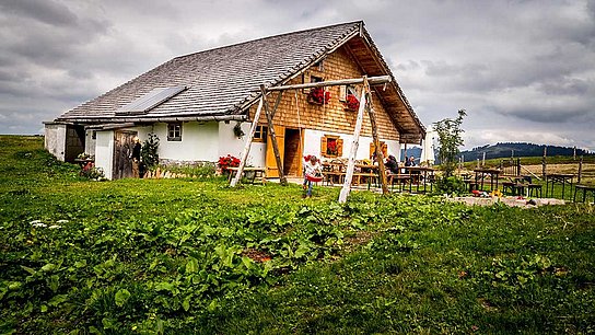 Almhütte mit spielenden Kindern – Stegleitenalm bei Faistenau