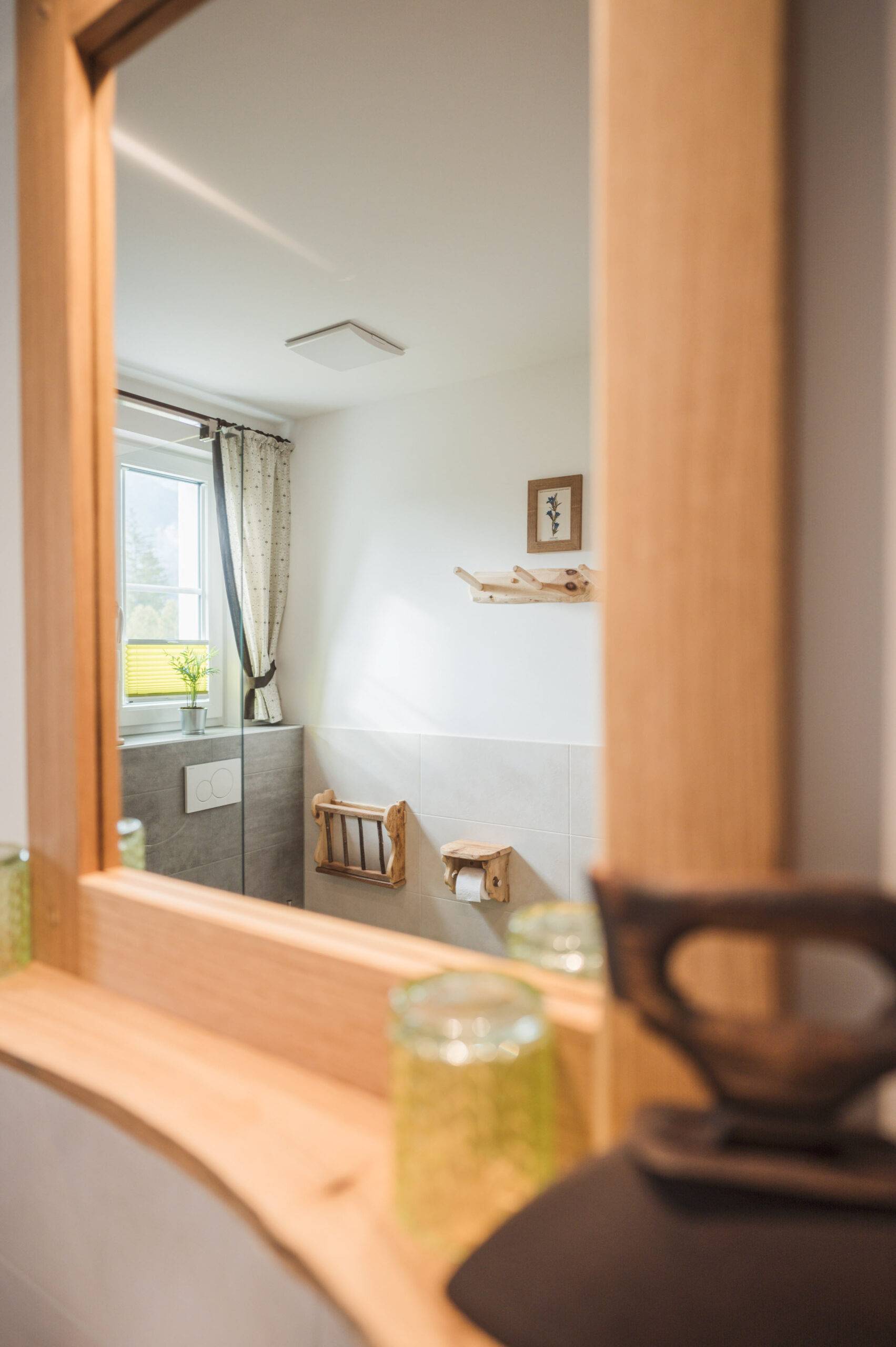 Bad-Detail durch Spiegel: WC-Bereich mit antikem Bügeleisen