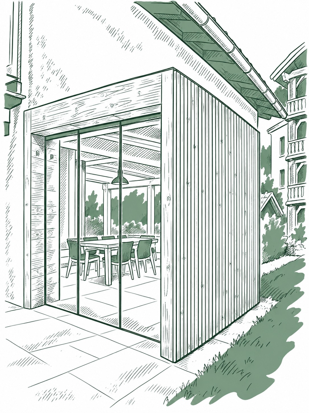Verglaste Sauna im Holzkubus mit Blick auf den Esstisch unter der Pergola (Illustration)