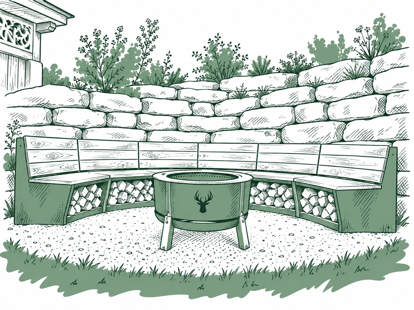 Feuerschale mit halbrunder Sitzbank an der Natursteinmauer (Illustration)