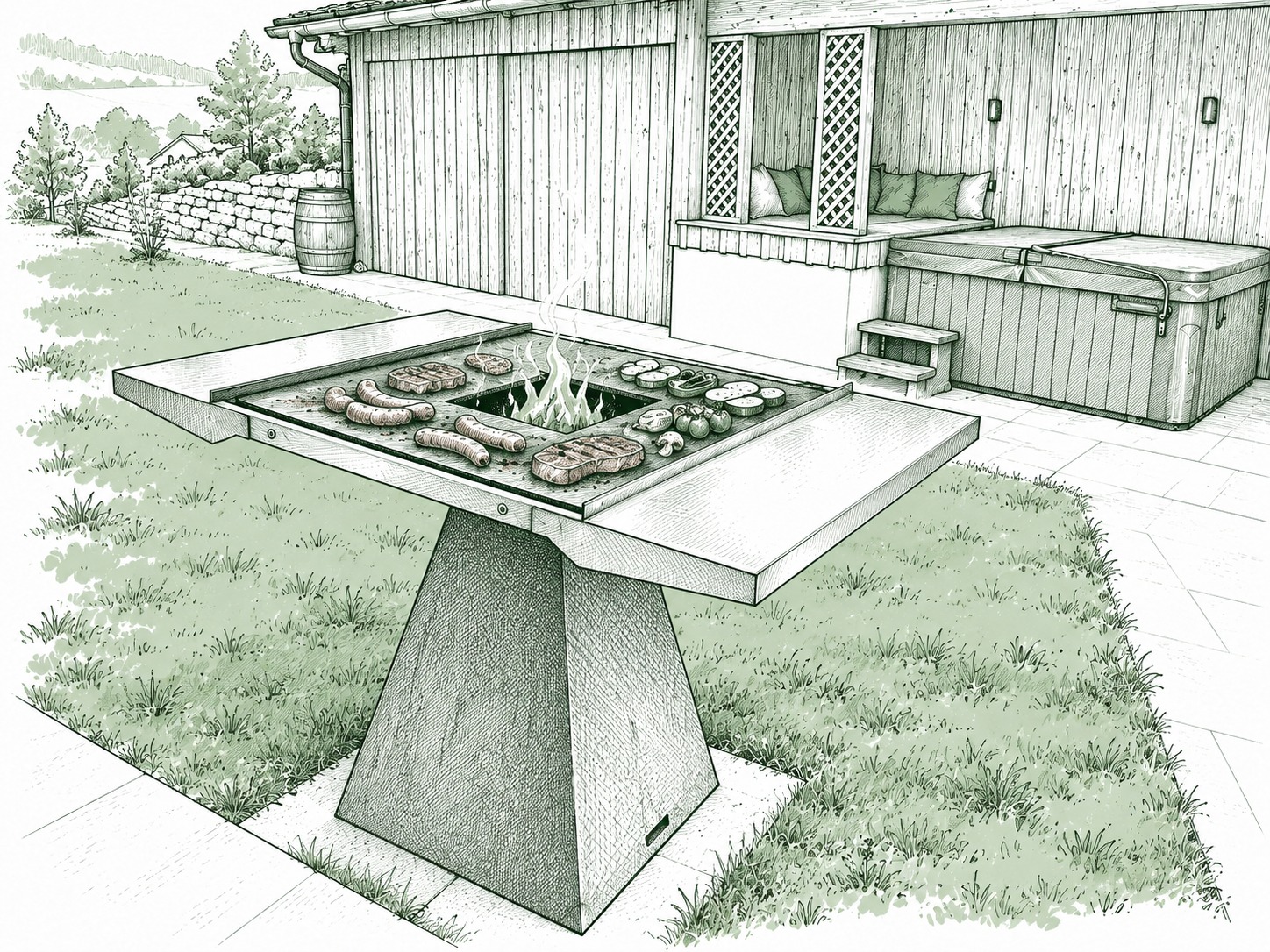 Feuerplatten-Grill im VIP-Garten, dahinter Lounge-Nische und Whirlpool (Illustration)