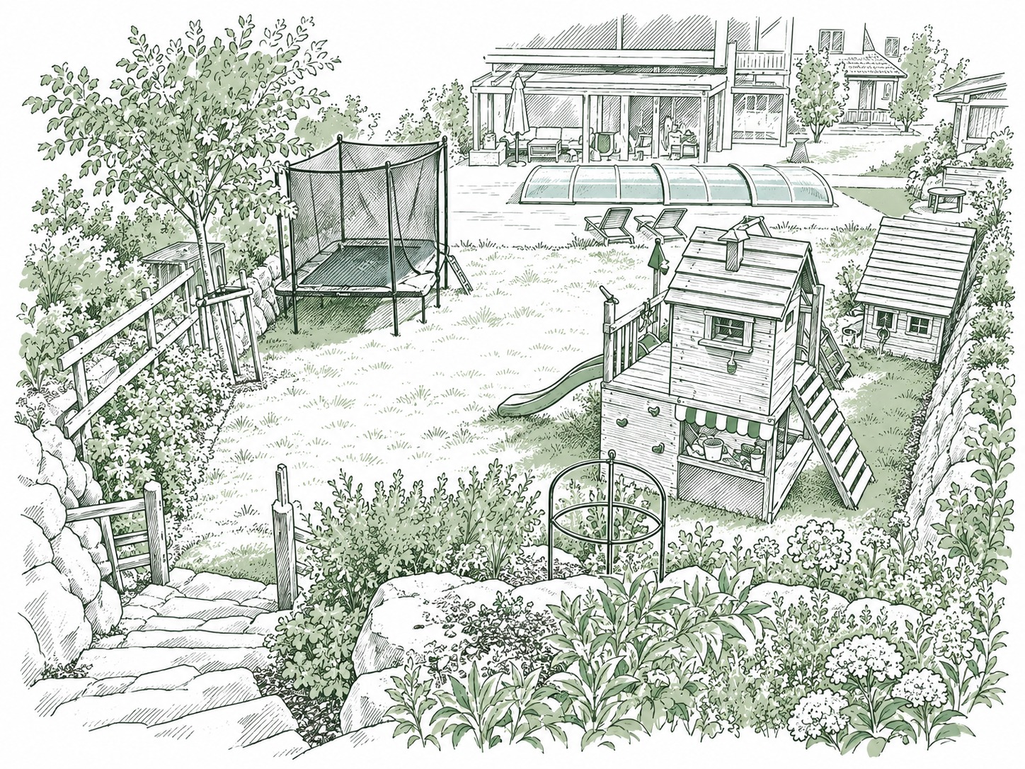Garten mit Steinstiege, Spielturm und Trampolin, dahinter Pool und Pergola (Illustration)