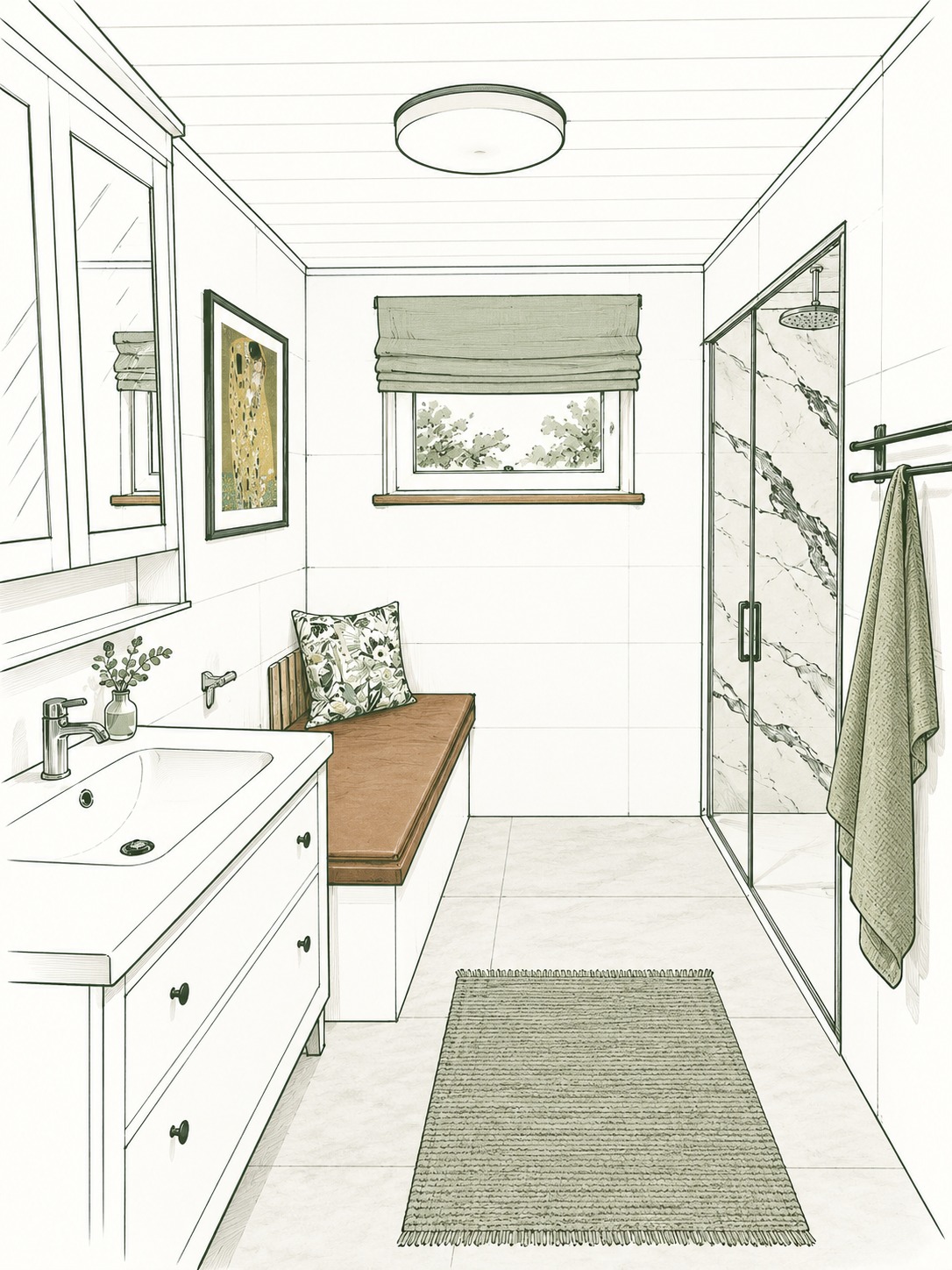 Badezimmer mit Waschtisch, Sitzbank und Walk-in-Dusche (Illustration)