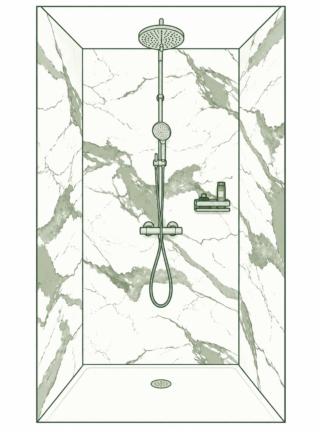 Walk-in-Regendusche mit Rückwand in Marmoroptik (Illustration)