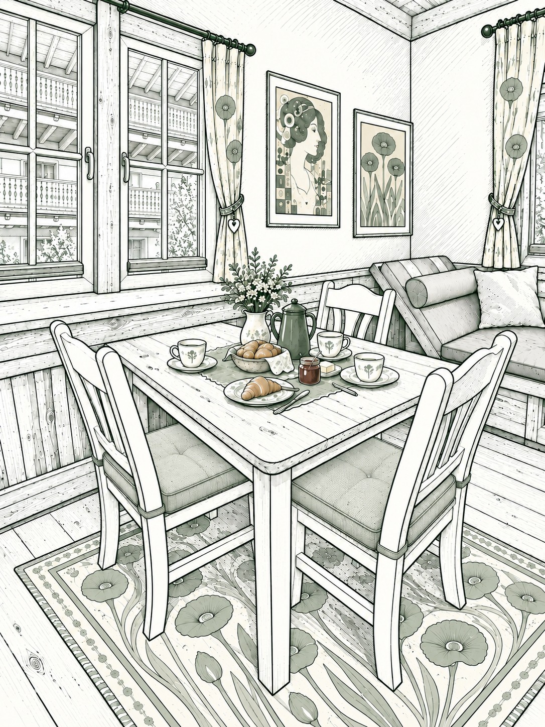 Esstisch für drei Personen am Fenster, gedeckt zum Frühstück (Illustration)