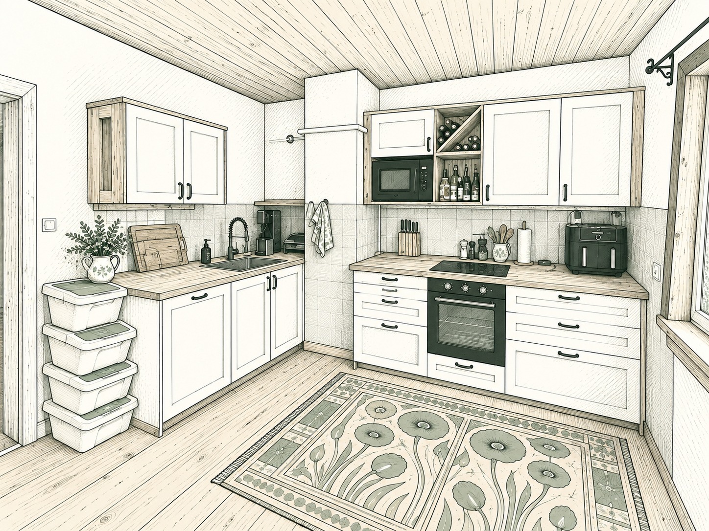Voll ausgestattete Küche mit Backofen, Kochfeld und Weinregal (Illustration)