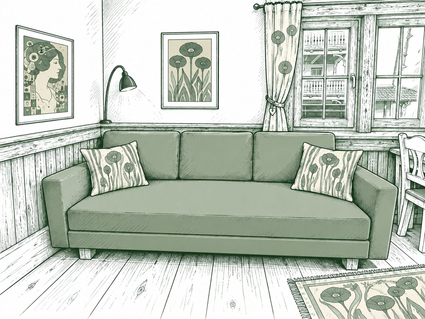 Schlafcouch 160 × 200 cm vor der Altholz-Vertäfelung (Illustration)