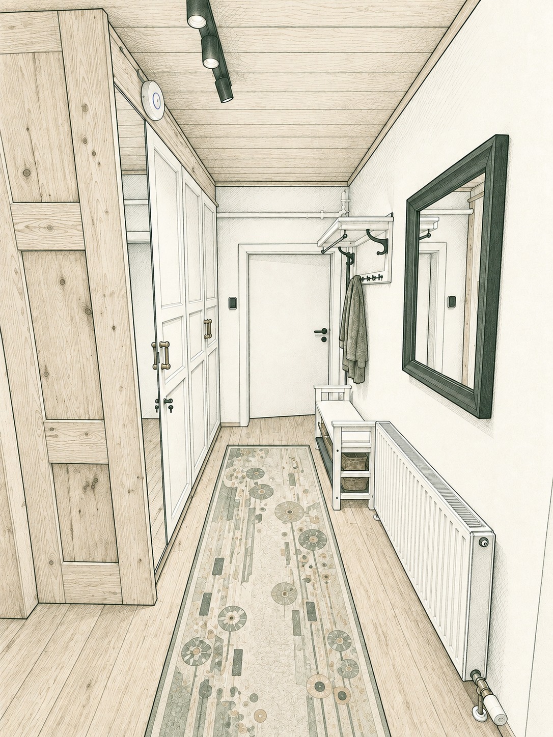 Vorraum mit Garderobe, Einbauschrank und Spiegel (Illustration)