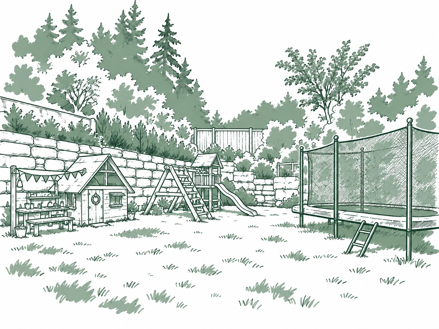Spielplatz mit Spielhaus, Matschküche, Spielturm und Trampolin (Illustration)